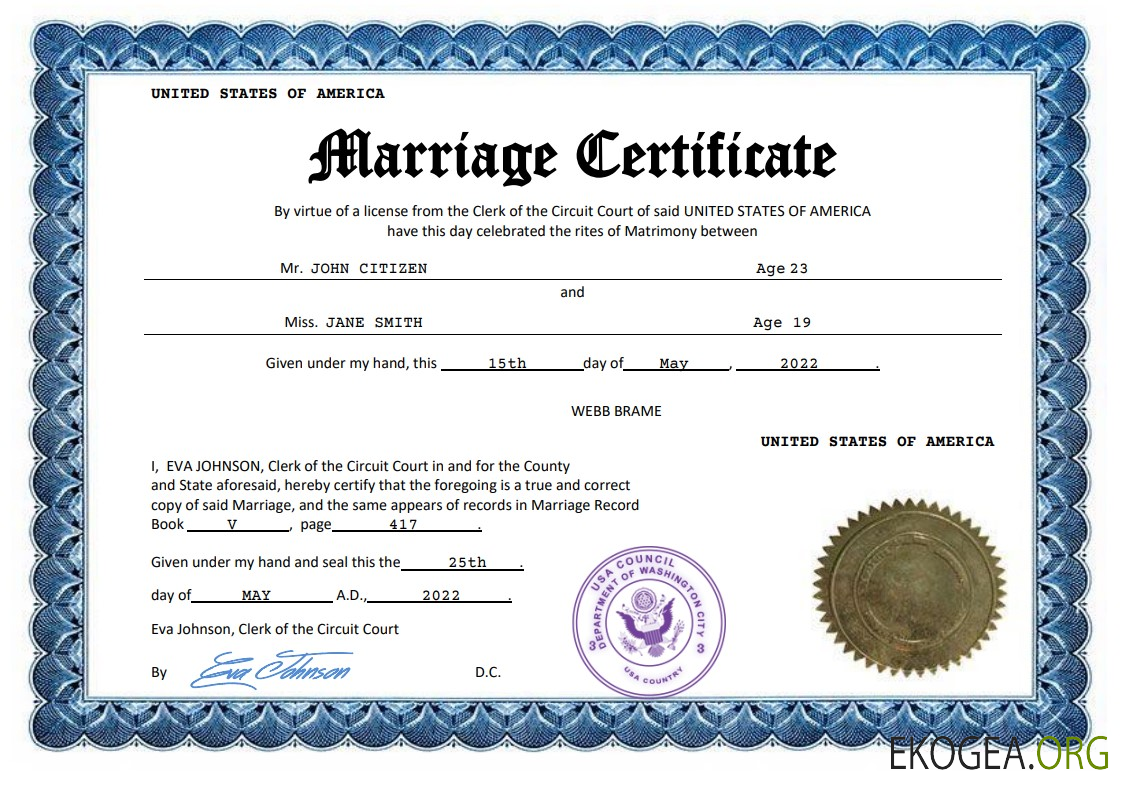 Modèle Word et PDF de certificat de mariage aux États-Unis template Modèle Word et PDF de certificat de mariage aux États-Unis template